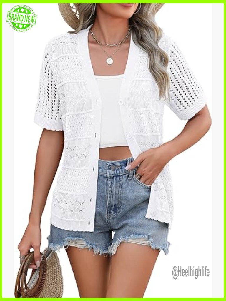 Women's Crochet Short Sleeve V Neck Button Up Cardigan Shrug Summer Lightweight